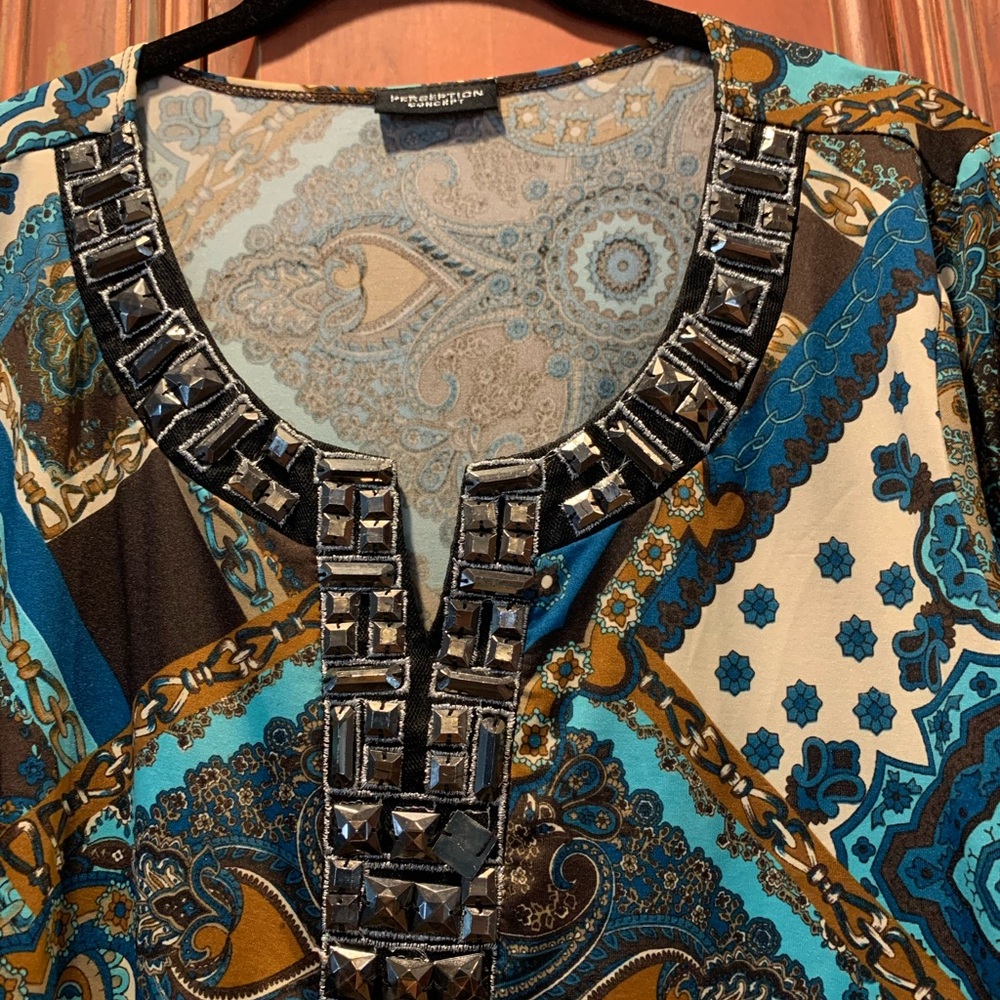 INC International Concepts Blue and Brown Embellished Blouse